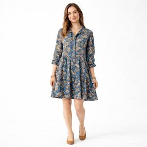 NATURAL LIFE Shirt Dress Sz XS Blue Floral Paisley Cottagecore Hippie Boho Chic